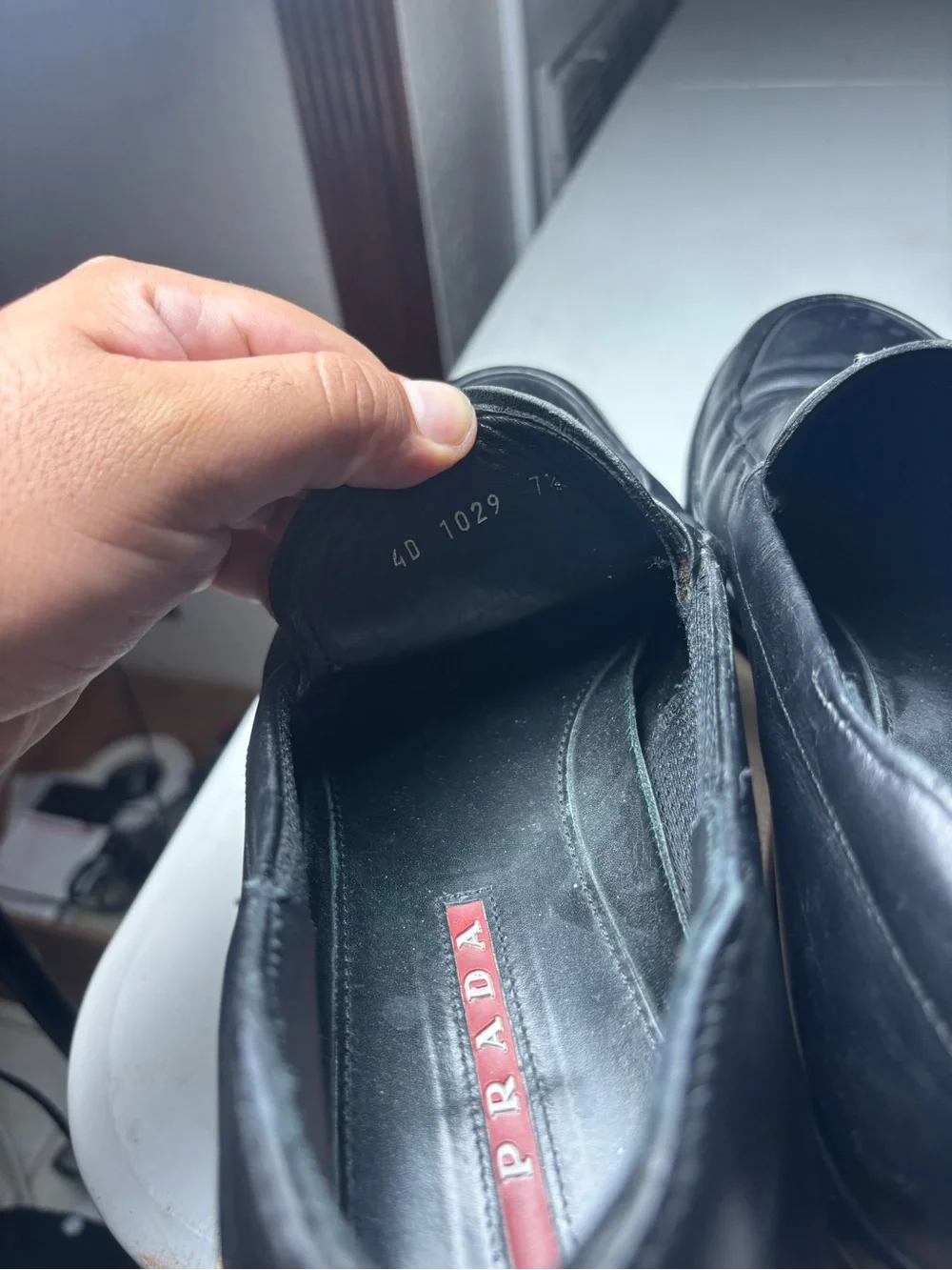 Prada Loafers Mens 7.5 UK / 8.5 Black Leather Triangle Logo Italy Preppy glued